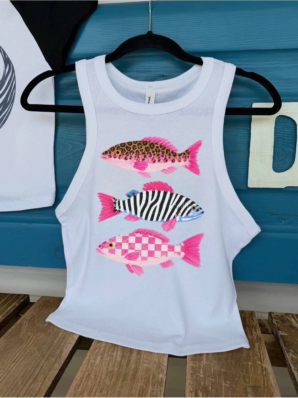 Unbranded White Tank Top with Pink Accent Fish Print